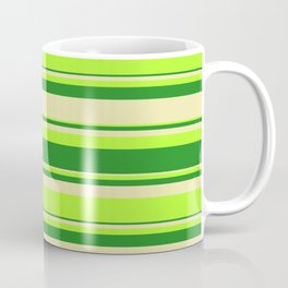 [ Thumbnail: Light Green, Forest Green, and Pale Goldenrod Colored Lines Pattern Coffee Mug ]