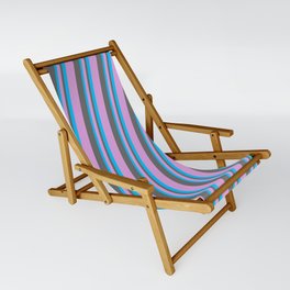 [ Thumbnail: Plum, Dim Gray, and Deep Sky Blue Colored Striped Pattern Sling Chair ]