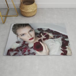 Roses and You; female blond in a bathtub with roses color photograph - photography - photographs wall decor Rug | Photo, Model, Female, Nude, Haunting, Red, Rose, Blond, Blueeyes, Petals 