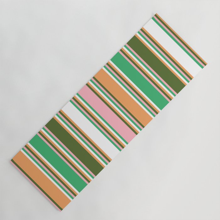 Colorful Sea Green, Light Pink, Dark Olive Green, Brown, and White Colored Lines Pattern Yoga Mat