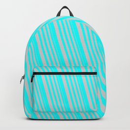 [ Thumbnail: Light Grey & Aqua Colored Stripes Pattern Backpack ]