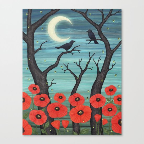 crows, fireflies, and poppies in the moonlight Canvas Print