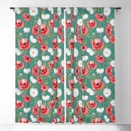 Daisy and Poppy Seamless Pattern on Green Blue Background Blackout Curtain