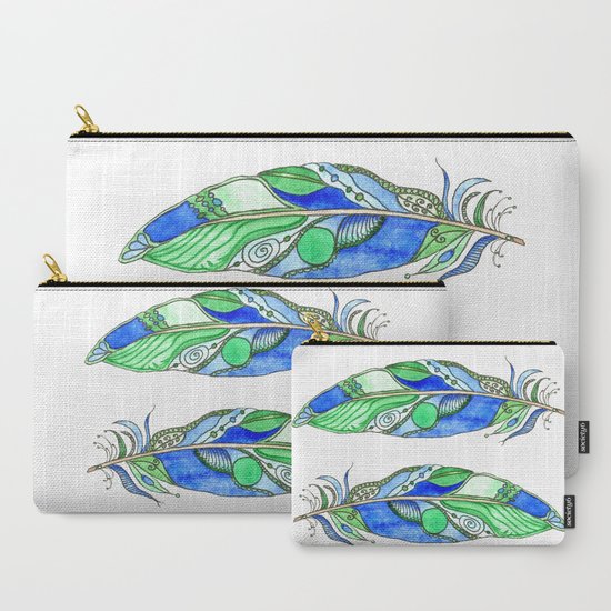 Bohemian Spirit Feathers - Blue & Green Carry-All Pouch