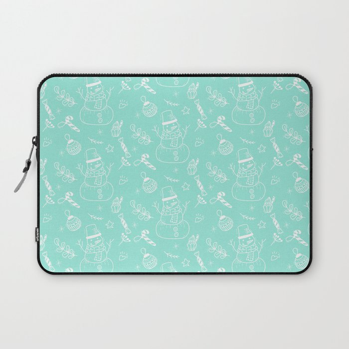 Seafoam and White Christmas Snowman Doodle Pattern Laptop Sleeve