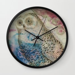 William the Wise Wall Clock | Illustration, Soft, Mixedmedia, Pastel, Painting, Snow, Ink, Owl, Acrylic, Muted 
