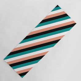 [ Thumbnail: Dark Salmon, Black, Dark Cyan, and White Colored Lines/Stripes Pattern Yoga Mat ]