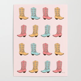 Cowgirl Boots and Daisies, Blush Pink, Mint, Cute Pastel Cowboy Pattern Poster