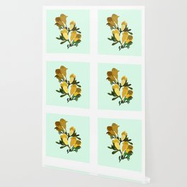 Freesias - Yellow Minimalistic Flower Art Pattern on Mint Green Wallpaper