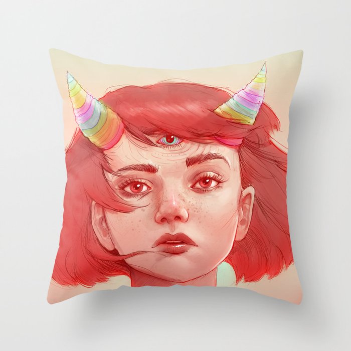 Red girl with horns Throw Pillow