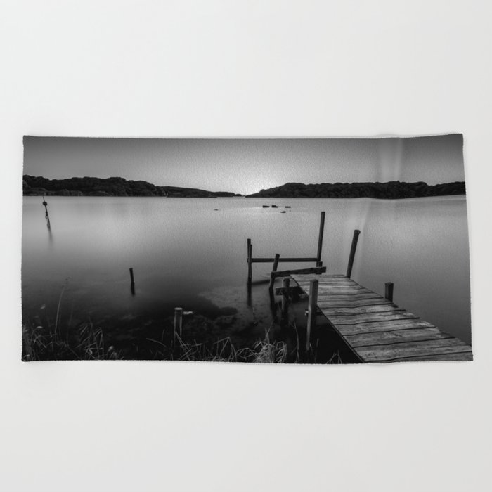 Old Pier After Sunset in Black & White Beach Towel