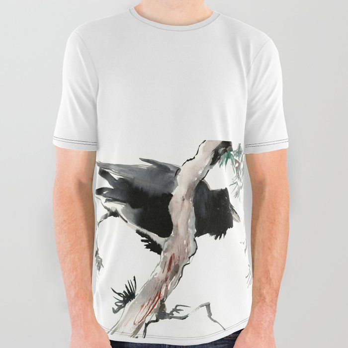 Raven, Japanese Ink Art, Traditional Asian Watercolor All Over Graphic Tee