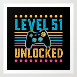 Gaming Level 51 Unlocked 51th Birthday Gamer Gift Art Print | Graphicdesign, Geek, Retro, Geeky, Controller, Nerd, Gifts, 51Th Birthday, Vintage, Games 