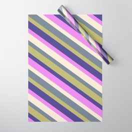 [ Thumbnail: Eyecatching Beige, Slate Gray, Dark Khaki, Dark Slate Blue, and Violet Colored Striped/Lined Pattern Wrapping Paper ]