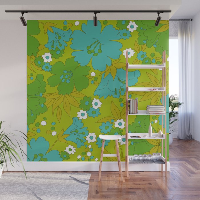 Green, Turquoise, and White Retro Flower Design Pattern Wall Mural