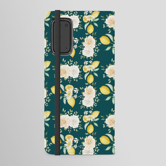 Lemons and White Flowers Pattern On Teal Blue Background Android Wallet Case