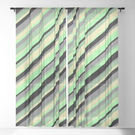 [ Thumbnail: Eye-catching Dark Sea Green, Pale Goldenrod, Green, Black, and Gray Colored Stripes Pattern Sheer Curtain ]