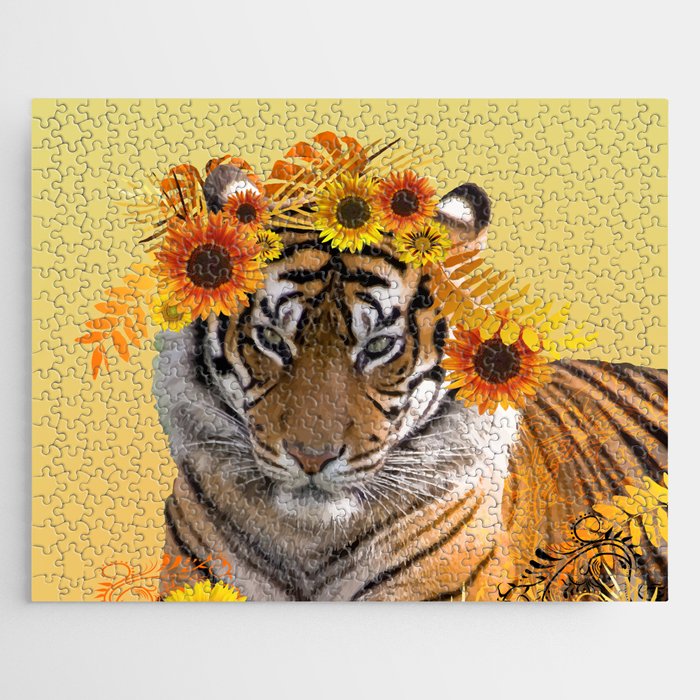 Tiger - Wild Animals Sunflower Mandala Monstera Leaves Fantasy Jigsaw Puzzle