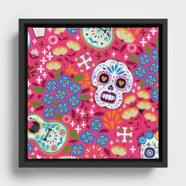 Pink Music Rock Skull Floral Garden Framed Canvas