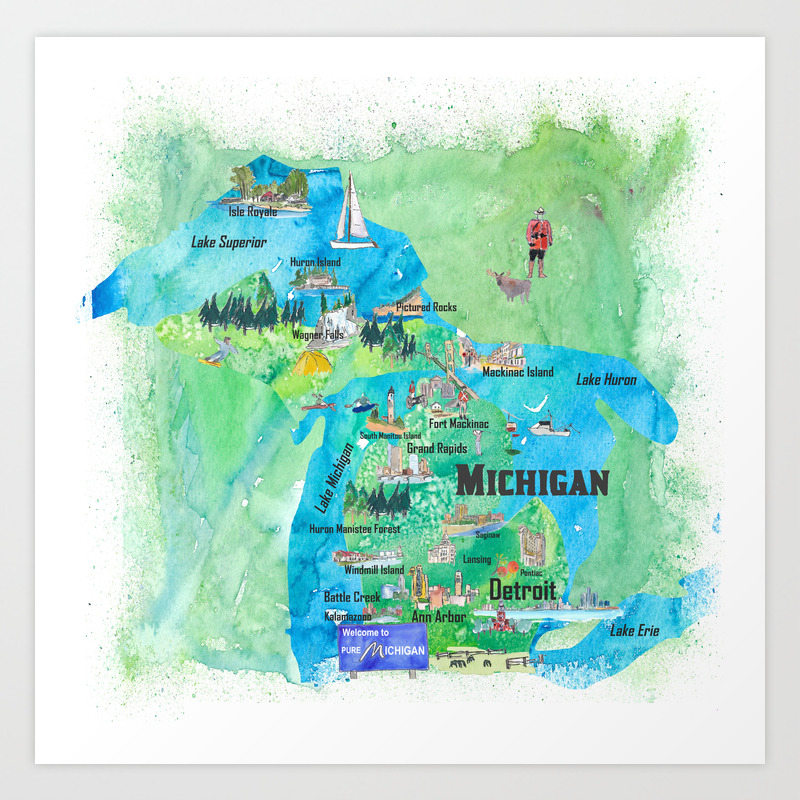 Michigan Usa State Illustrated Travel Poster Favorite Tourist Map Art Print By Artshop77 Society6