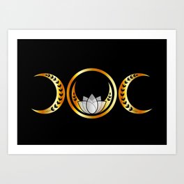Golden triple moon fertility symbol with moons lotus and vines Art Print