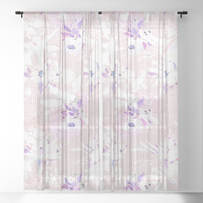 Girly Pink Lilac White Modern White Stripes Floral Sheer Curtain