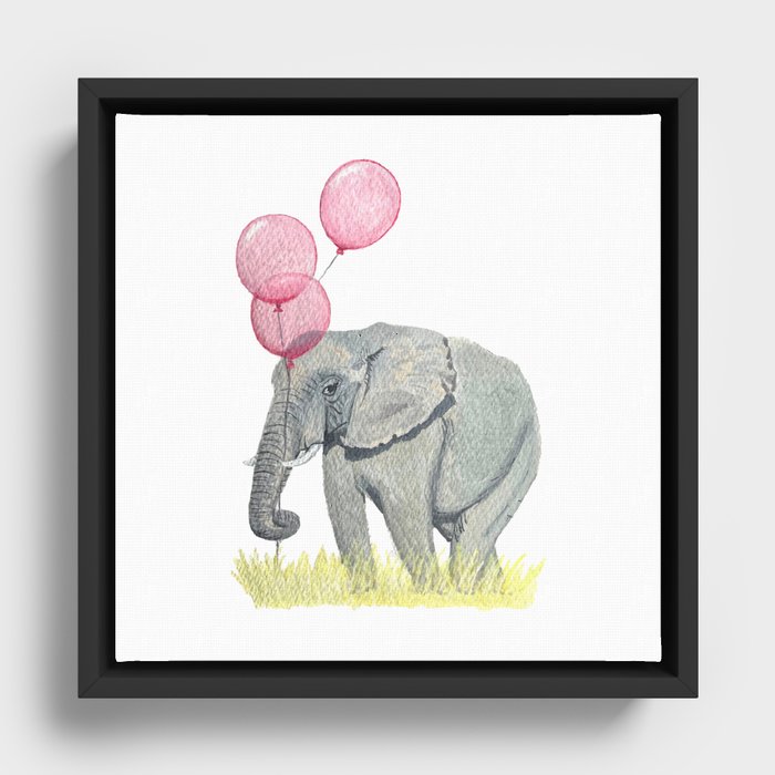 Elephant with Balloons Framed Canvas