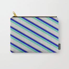 [ Thumbnail: Dim Grey, Blue, Aquamarine & Light Grey Colored Lined/Striped Pattern Carry-All Pouch ]