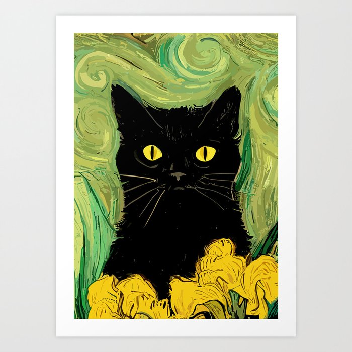 Black Cat Van Gogh Wheat Field Yellow Flowers Art Print
