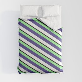[ Thumbnail: Green, Dark Slate Blue, White & Black Colored Striped Pattern Comforter ]