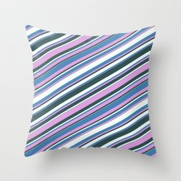 [ Thumbnail: Blue, Plum, Dark Slate Gray, and Mint Cream Colored Lined/Striped Pattern Throw Pillow ]