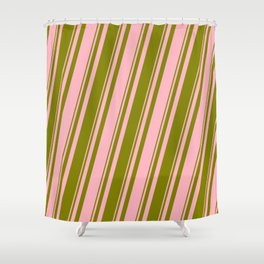 [ Thumbnail: Green and Light Pink Colored Striped Pattern Shower Curtain ]