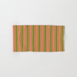 [ Thumbnail: Salmon and Green Colored Lines Pattern Hand & Bath Towel ]