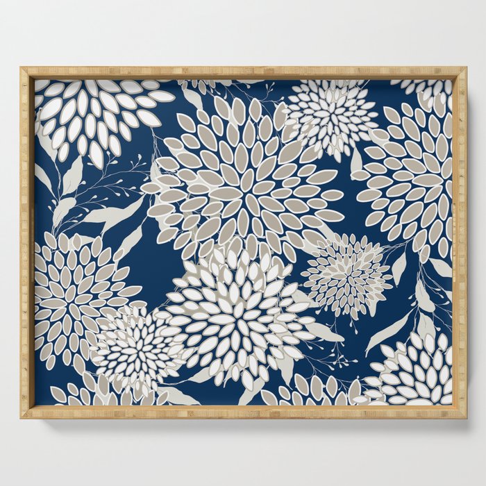 Leaves and Blooms, Blue and Gray Serving Tray