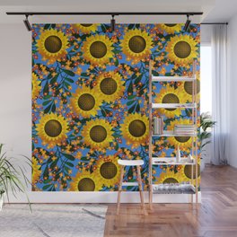 Summer yellow sunflowers on a bright blue background Seamless pattern 1 Wall Mural