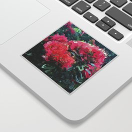 Red flower blossoms amid lush green foliage Sticker