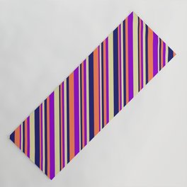 [ Thumbnail: Coral, Dark Violet, Pale Goldenrod, and Midnight Blue Colored Lined/Striped Pattern Yoga Mat ]