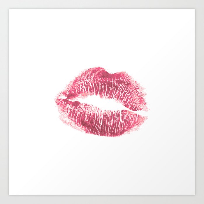Beautiful realistic pink lips kiss isolated on white background. Lipstick mark.  Art Print