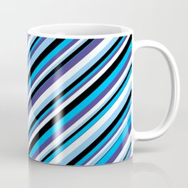 [ Thumbnail: Deep Sky Blue, Dark Slate Blue, Mint Cream, Light Sky Blue, and Black Colored Lines Pattern Coffee Mug ]