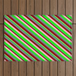 [ Thumbnail: Slate Gray, Dark Red, Light Pink, and Lime Colored Stripes/Lines Pattern Outdoor Rug ]