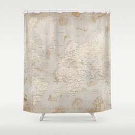 Vintage looking current world map with sea monsters and sail ships Shower Curtain