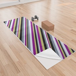 [ Thumbnail: Eye-catching Dark Khaki, Purple, Lavender, Slate Gray, and Black Colored Lined/Striped Pattern Yoga Towel ]