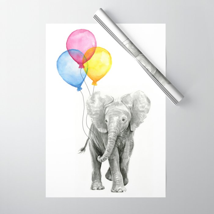 Baby Elephant Spraying Rainbow Wrapping Paper