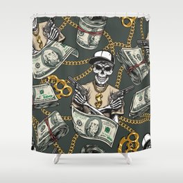 Colorful vintage money seamless pattern with gold chains knuckles dollar banknotes skeleton gangster wearing dollar sign pendant and holding guns vintage illustration Shower Curtain