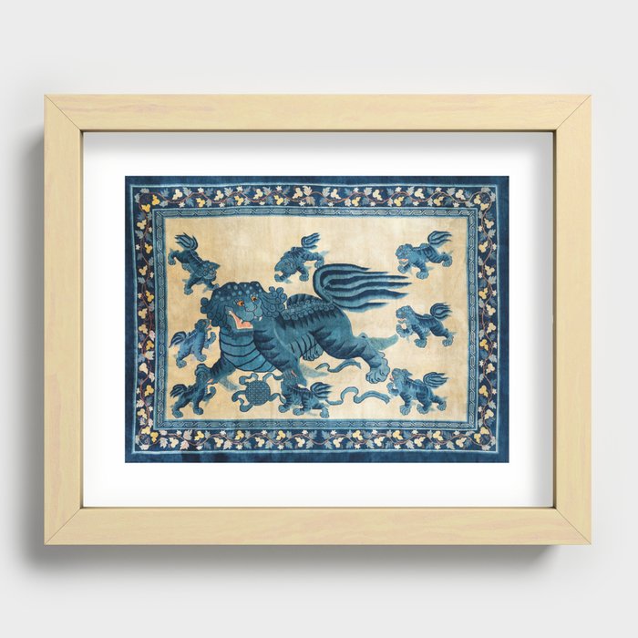Antique Chinese Palazzo Oriental Rug Vintage Carpet in Blue and Ivory Recessed Framed Print