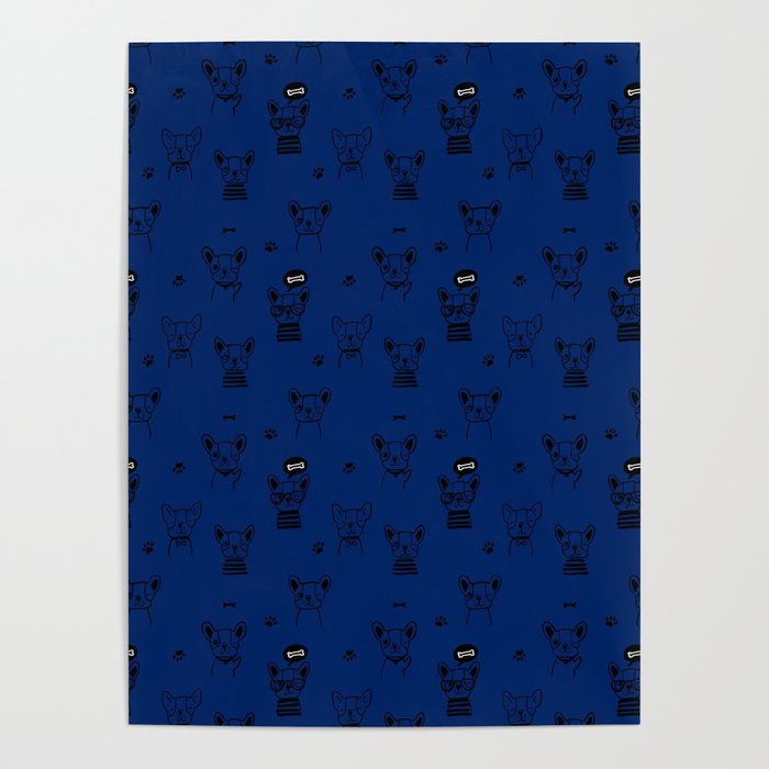 Blue and Black Hand Drawn Dog Puppy Pattern Poster