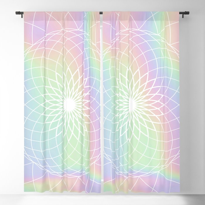 Sacred Geometric Holographic Circular Modern Floral Art, Retro Pastel Rainbow Hologram  Blackout Curtain
