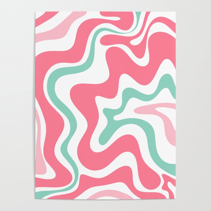 Retro Liquid Swirl Abstract Pattern in 80s Pink Teal White Poster