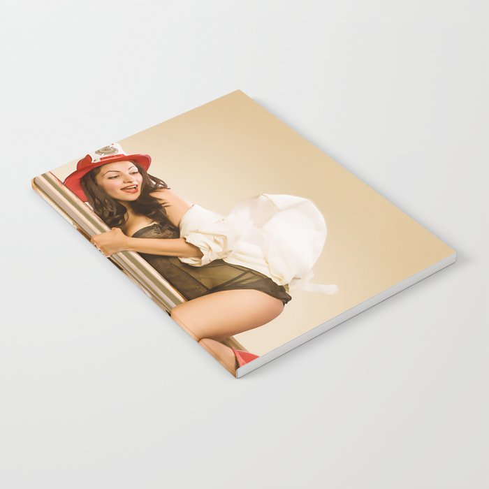 "Four-Alarm Flirt" - The Playful Pinup - Firefighter Girl Pin-up by Maxwell H. Johnson Notebook