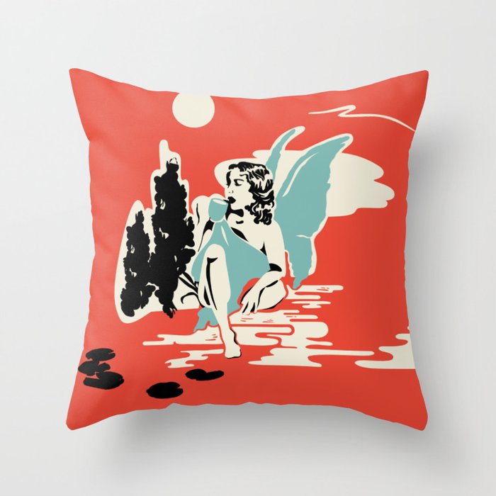 Storybook fairy drinking morning coffee Throw Pillow